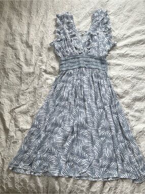 Kings Road Women’s Blue Leaf-Print Smocked Waist Dress Ruffled Cap Sleeves L-XL